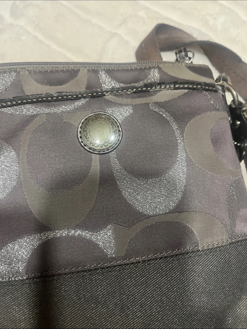 Coach grey and Silver Signature Crossbody with Black Front Band Y2K